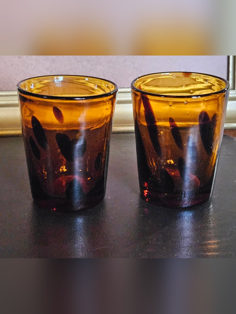Vintage Pair of Leapord Print Amber Glass Tumblers
